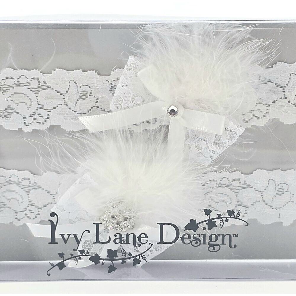 Ivy lane design Vintage Feather Brooch Bridal Wedding Garter Set Small White New - Picture 8 of 8